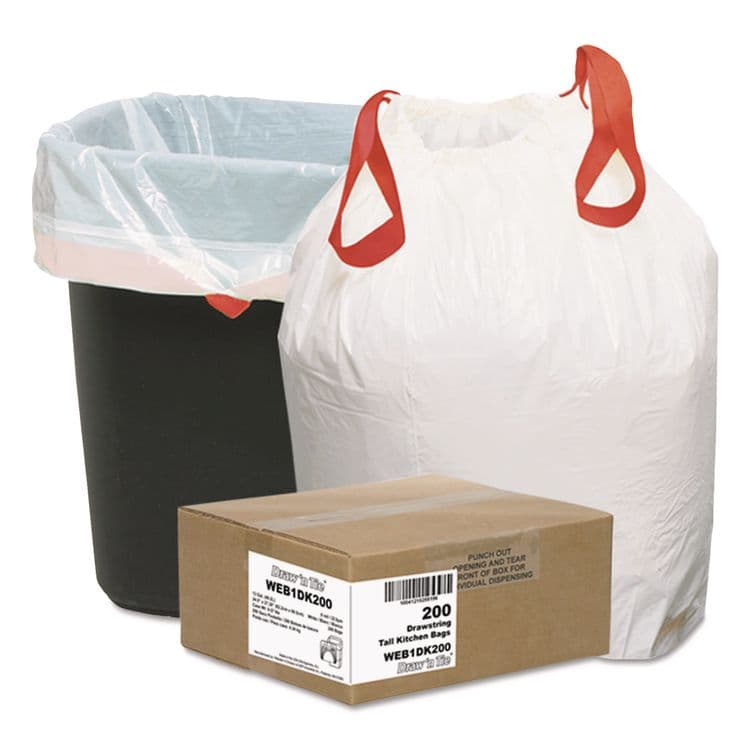 WEBSTER INDUSTRIES Heavy-Duty Trash Bags, Drawstring, 13 gal, 24.5" x 27.38", White, 50 Bags/Roll, 4 Rolls/Box (WBI1DK200)