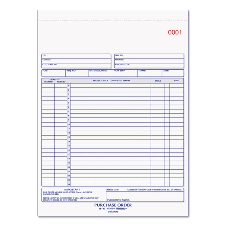REDIFORM OFFICE PRODUCTS Purchase Order Book, 17 Lines, Three-Part Carbonless, 8.5 x 11, 50 Forms Total (RED1L147)