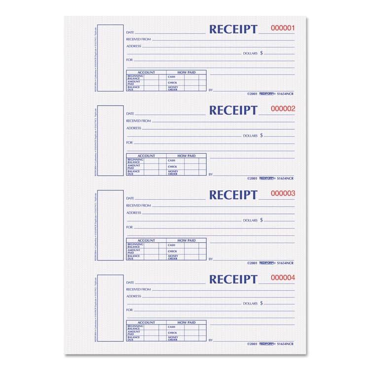 REDIFORM OFFICE PRODUCTS Durable Hardcover Numbered Money Receipt Book, Two-Part Carbonless, 6.88 x 2.75, 4 Forms/Sheet, 300 Forms Total (REDS1654NCR)