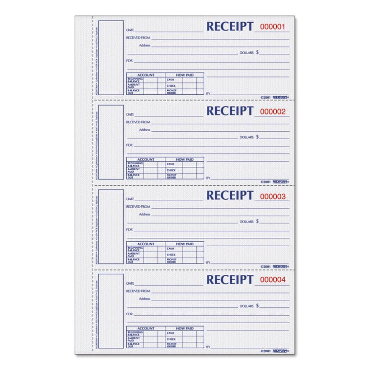 REDIFORM OFFICE PRODUCTS Durable Hardcover Numbered Money Receipt Book, Three-Part Carbonless, 6.88 x 2.75, 4 Forms/Sheet, 200 Forms Total (REDS1657NCL)