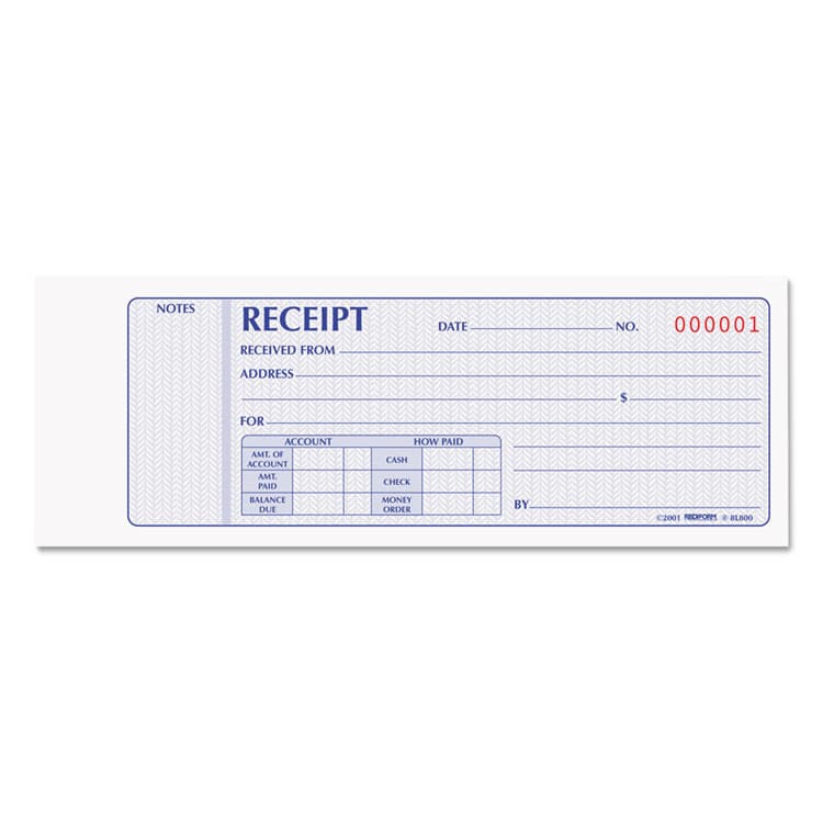 REDIFORM OFFICE PRODUCTS Receipt Book, Two-Part Carbonless, 7 x 2.75, 4 Forms/Sheet, 100 Forms Total (RED8L800)