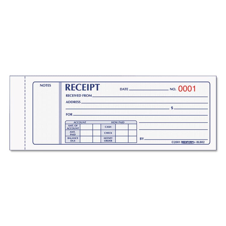 REDIFORM OFFICE PRODUCTS Receipt Book, Three-Part Carbonless, 7 x 2.75, 4 Forms/Sheet, 50 Forms Total (RED8L802)