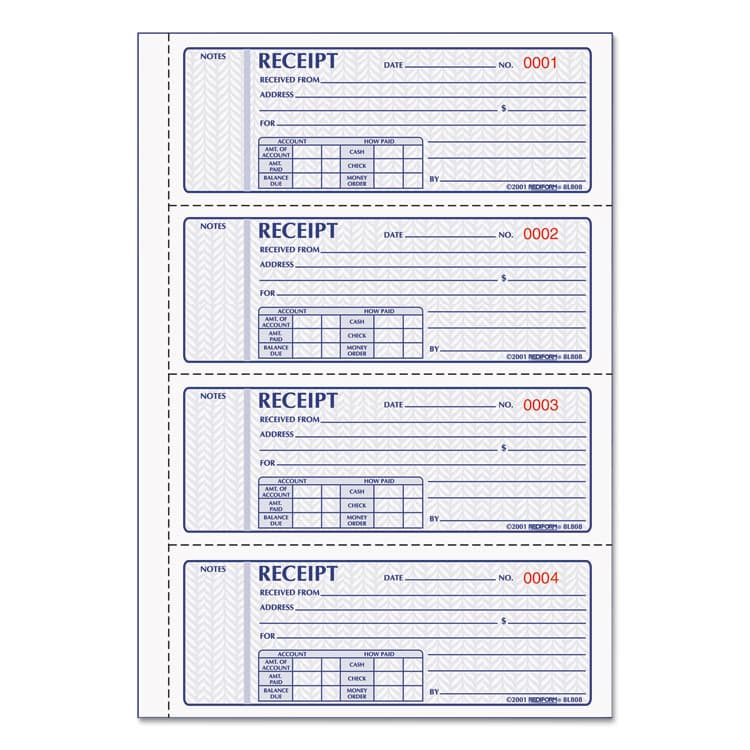 REDIFORM OFFICE PRODUCTS Money Receipt Book, Softcover, Three-Part Carbonless, 7 x 2.75, 4 Forms/Sheet, 100 Forms Total (RED8L808)