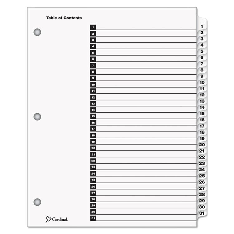 CARDINAL BRANDS . OneStep Printable Table of Contents and Dividers, 31-Tab, 1 to 31, 11 x 8.5, White, White Tabs, 1 Set (CRD60113)
