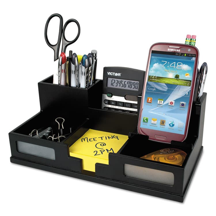 VICTOR TECHNOLOGY LLC Midnight Black Desk Organizer with Smartphone Holder, 6 Compartments, Wood, 10.5 x 5.5 x 4 (VCT95255) thumbnail 2