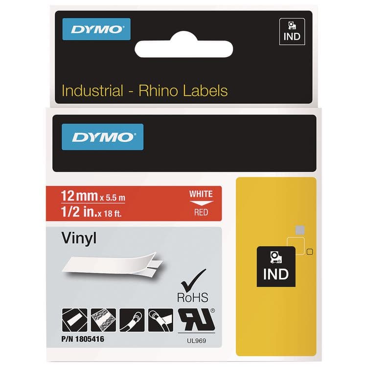 DYMO Rhino Permanent Vinyl Industrial Label Tape, 0.5" x 18 ft, Red/White Print (DYM1805416)