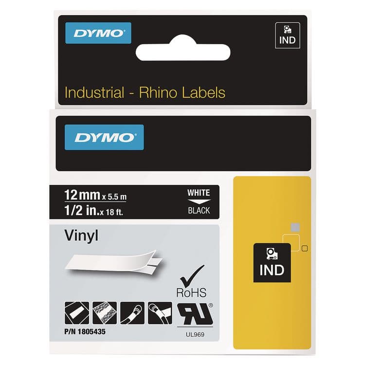 DYMO Rhino Permanent Vinyl Industrial Label Tape, 0.5" x 18 ft, Black/White Print (DYM1805435)