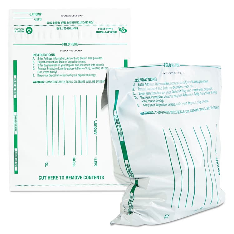 QUALITY PARK PRODUCTS Poly Night Deposit Bags with Tear-Off Receipt, Polyethylene, 10" x 13", White, 100/Pack (QUA45228)