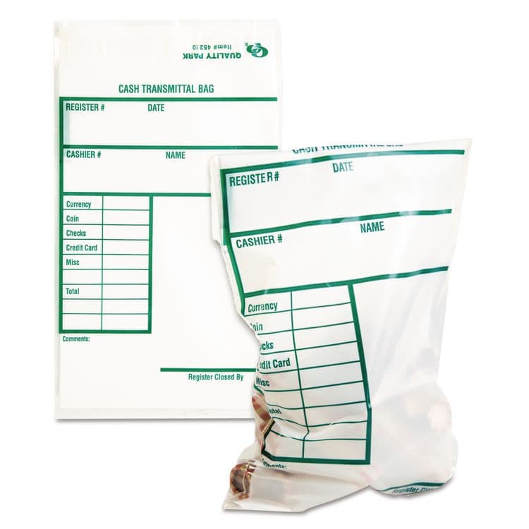 QUALITY PARK PRODUCTS Clear Cash Transmittal Bags with Pre-Printed Info Block, Polyethylene, 6" x 9", Clear, 100/Pack (QUA45220)