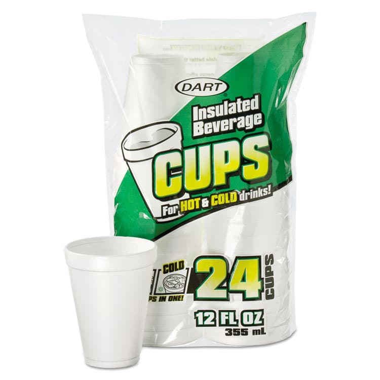 DART Small Foam Drink Cups, 12 oz, White, 24/Bag, 12 Bags/Carton (DCC12JP24)