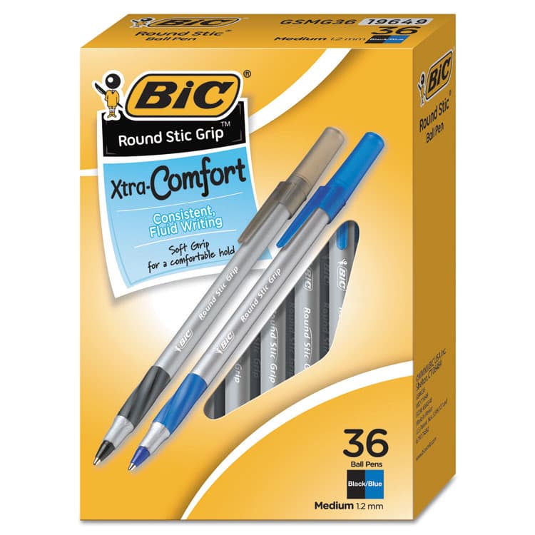 BIC CORP. Round Stic Grip Xtra Comfort Ballpoint Pen Value Pack, Easy-Glide, Stick, Medium 1.2mm, Assorted Ink and Barrel Colors, 36/PK (BICGSMG361AST)