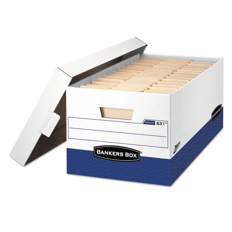 FELLOWES MFG. CO. PRESTO Heavy-Duty Storage Boxes, Letter Files, 13" x 25.38" x 10.5", White/Blue, 12/Carton (FEL0063101)