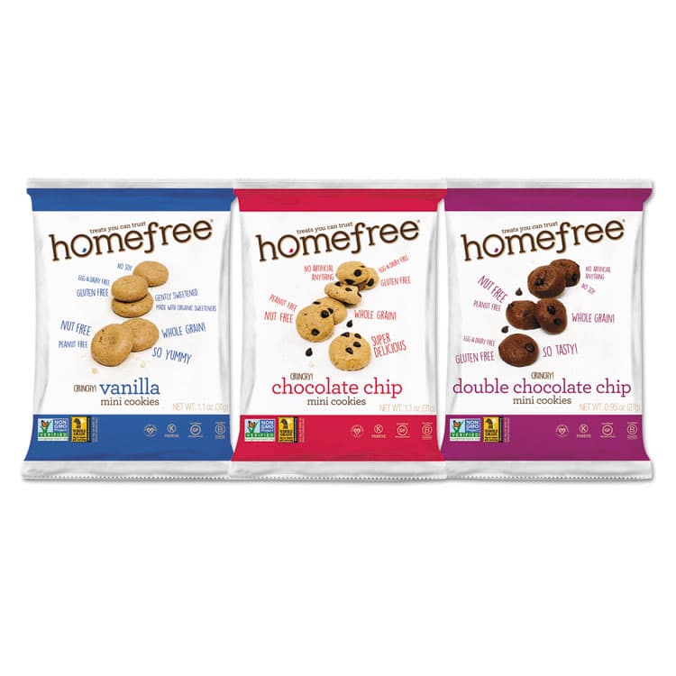 HOMEFREE Gluten Free Mini Cookies Variety Pack, 1.1 oz/0.95 oz/1.1 oz Packs, 30/Carton (HMF01305)