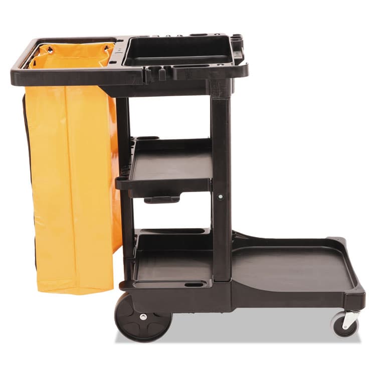 RUBBERMAID COMMERCIAL PROD. Multi-Shelf Cleaning Cart, Plastic, 4 Shelves, 1 Bin, 20" x 45" x 38.25", Black (RCP617388BK)