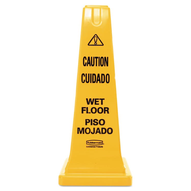 RUBBERMAID COMMERCIAL PROD. Multilingual Wet Floor Safety Cone, 10.55 x 10.5 x 25.63, Yellow (RCP627777)