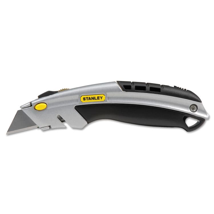 STANLEY BOSTITCH Curved Quick-Change Utility Knife, Stainless Steel Retractable Blade, 3 Blades, 6.63" Metal Handle, Black/Chrome (BOS10788)