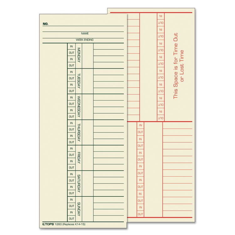 TOPS BUSINESS FORMS Time Clock Cards, Replacement for K14-15, Two Sides, 3.38 x 8.25, 500/Box (TOP1260)