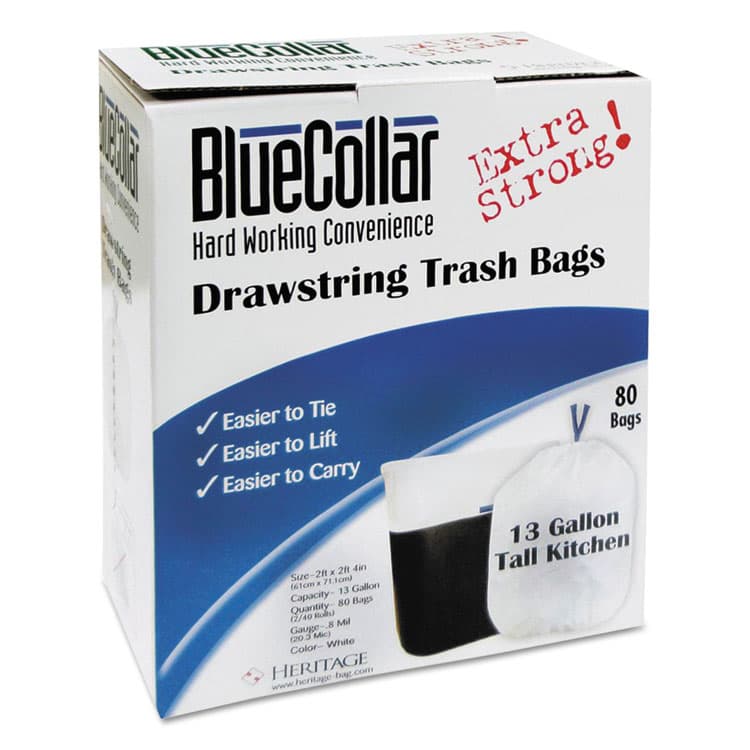 HERITAGE Drawstring Trash Bags, Drawstring, 13 gal, 24" x 28", White, 80 Bags/Box, 6 Boxes/Carton (HERN4828EWRC1CT)