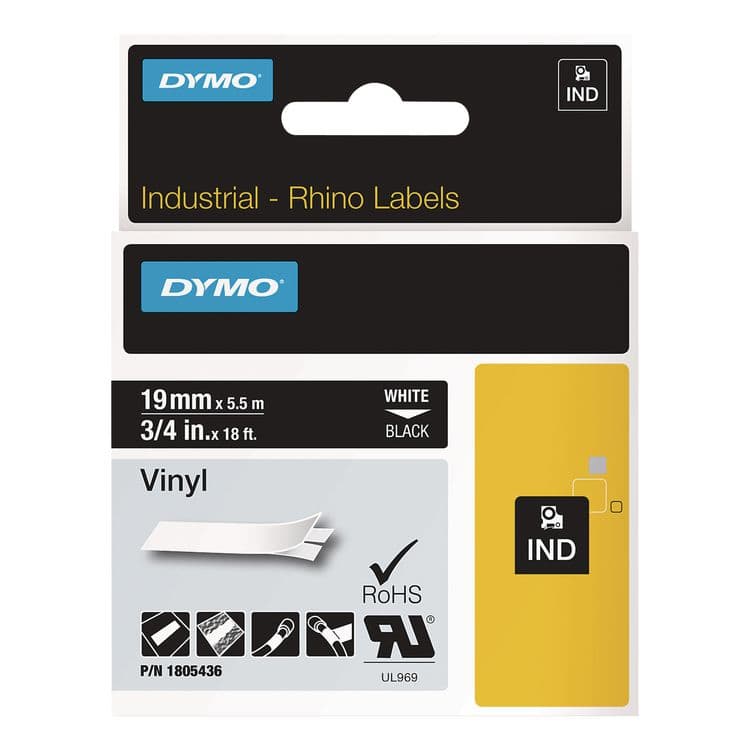 DYMO Rhino Permanent Vinyl Industrial Label Tape, 0.75" x 18 ft, Black/White Print (DYM1805436)