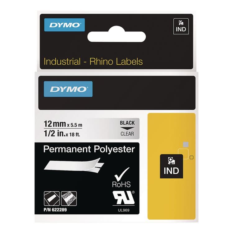 DYMO Rhino Permanent Vinyl Industrial Label Tape, 0.5" x 18 ft, Clear/Black Print (DYM622289)