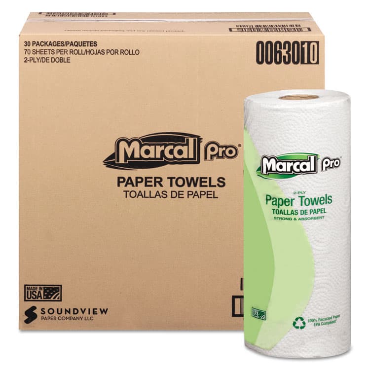 SOUNDVIEW 100% Premium Recycled Kitchen Roll Towels, 2-Ply, 11 x 9, White, 70/Roll, 30 Rolls/Carton (MRC630)