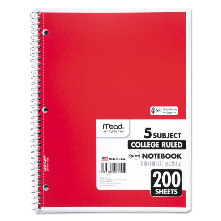 MEAD PRODUCTS Spiral Notebook, 5-Subject, Medium/College Rule, Randomly Assorted Cover Color, (200) 11 x 8 Sheets (MEA06780) thumbnail 4