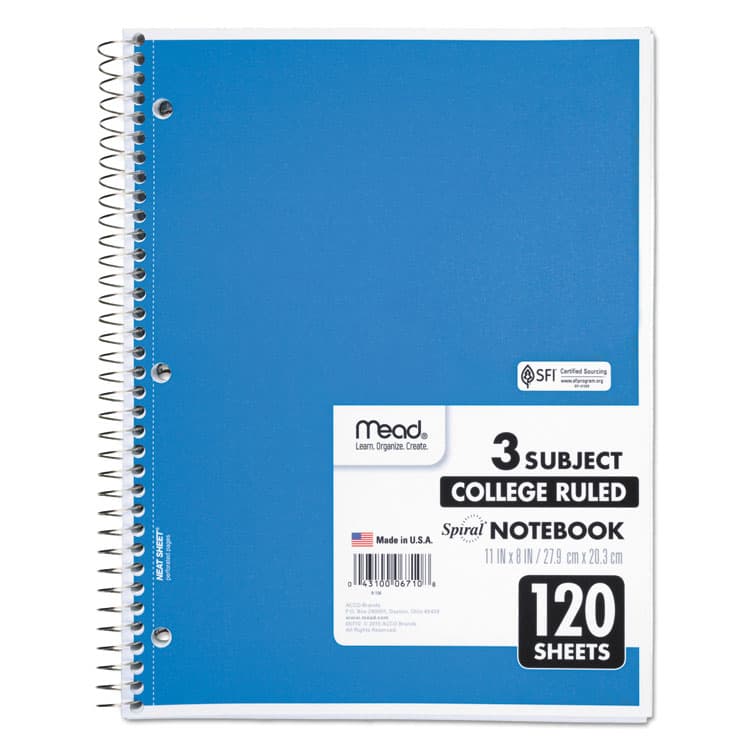 MEAD PRODUCTS Spiral Notebook, 3-Subject, Medium/College Rule, Randomly Assorted Cover Color, (120) 11 x 8 Sheets (MEA06710)