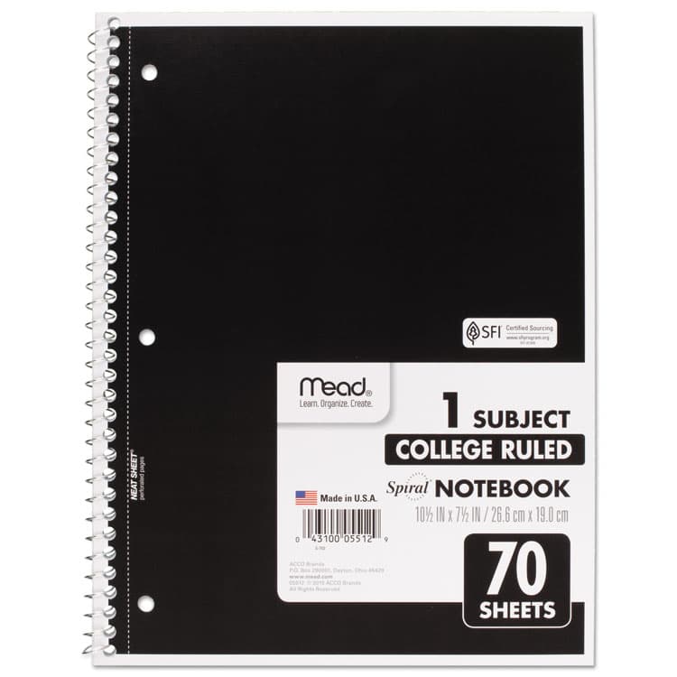 MEAD PRODUCTS Spiral Notebook, One-Subject, Medium/College Rule, Randomly Assorted Cover Color, (70) 10.5 x 7.5 Sheets (MEA05512)