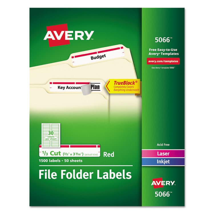 AVERY PRODUCTS CORPORATION Permanent TrueBlock File Folder Labels with Sure Feed Technology, 0.66: x 3.44", White, 30/Sheet, 50 Sheets/Box (AVE5066)