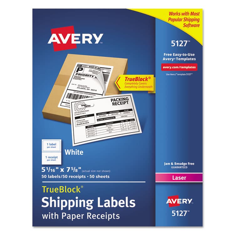 AVERY PRODUCTS CORPORATION Shipping Labels with Paper Receipt and TrueBlock Technology, Inkjet/Laser Printers, 5.06 x 7.63, White, 50/Pack (AVE5127)