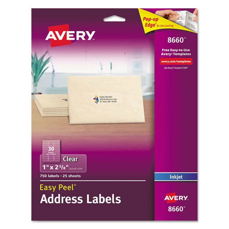 AVERY PRODUCTS CORPORATION Matte Clear Easy Peel Mailing Labels w/ Sure Feed Technology, Inkjet Printers, 1 x 2.63, Clear, 30/Sheet, 25 Sheets/Pack (AVE8660)