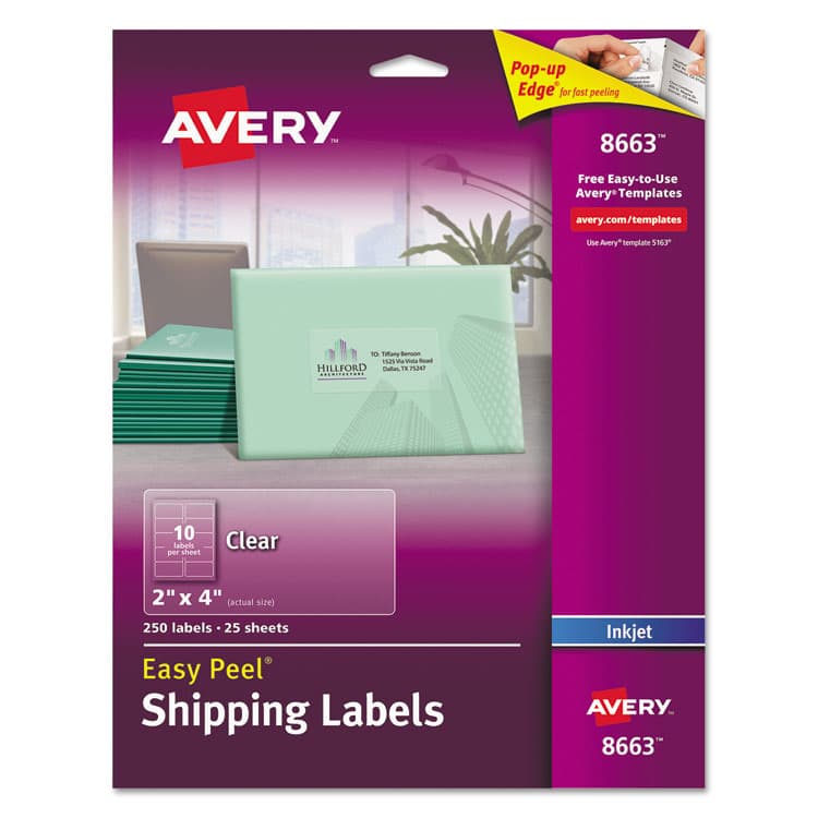 AVERY PRODUCTS CORPORATION Matte Clear Easy Peel Mailing Labels w/ Sure Feed Technology, Inkjet Printers, 2 x 4, Clear, 10/Sheet, 25 Sheets/Pack (AVE8663)