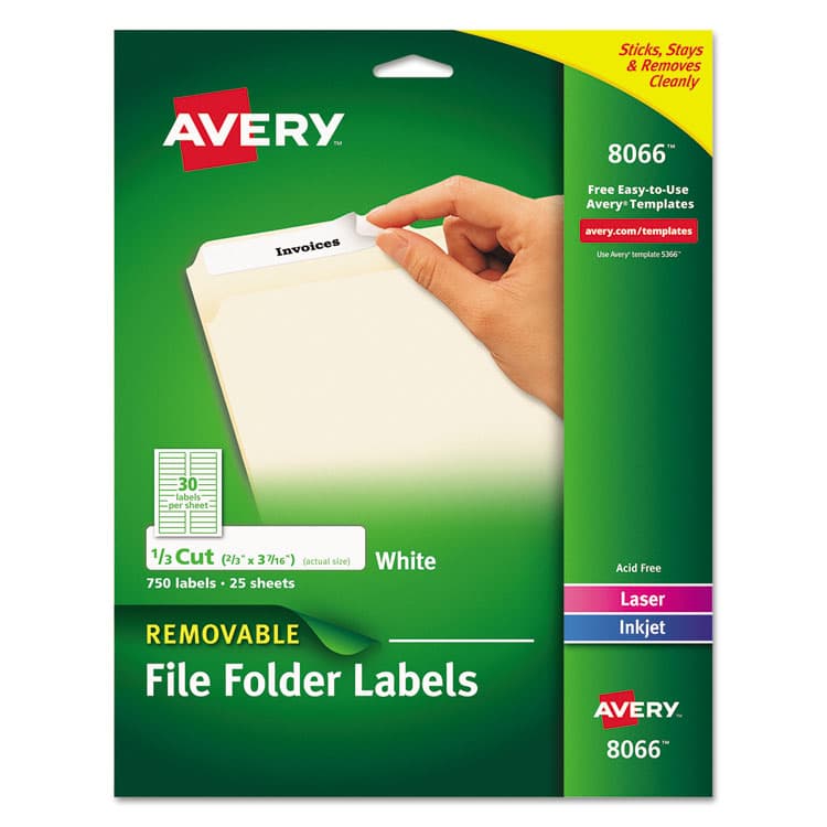 AVERY PRODUCTS CORPORATION Removable File Folder Label with Sure-Feed Technology, 0.66 x 3.44, White, 30/Sheet, 25 Sheets/Pack (AVE8066)