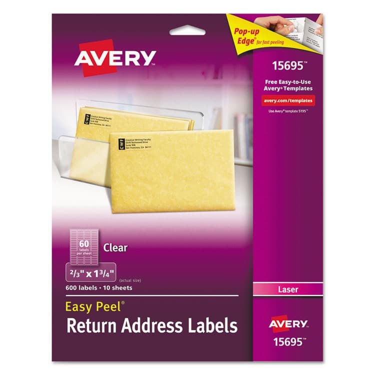AVERY PRODUCTS CORPORATION Matte Clear Easy Peel Mailing Labels w/ Sure Feed Technology, Laser Printers, 0.66 x 1.75, Clear, 60/Sheet, 10 Sheets/Pack (AVE15695)