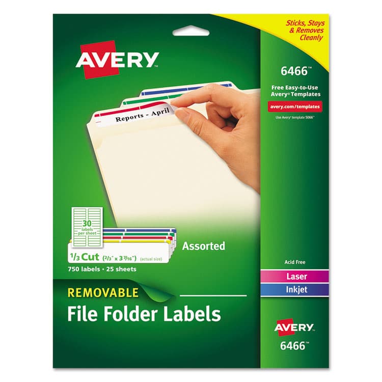 AVERY PRODUCTS CORPORATION Removable File Folder Label with Sure Feed Technology, 0.66 x 3.44, White, 30/Sheet, 25 Sheets/Pack (AVE6466)