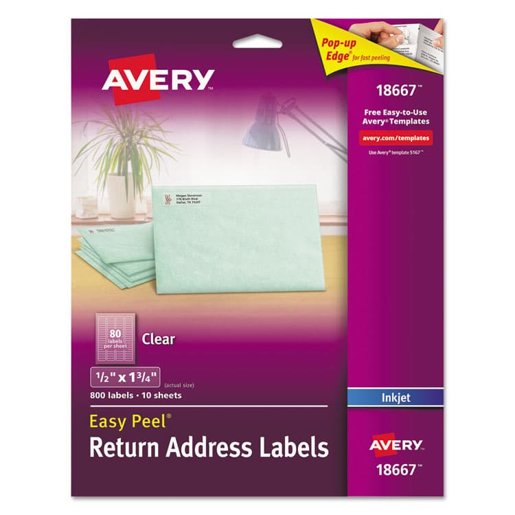AVERY PRODUCTS CORPORATION Matte Clear Easy Peel Mailing Labels w/ Sure Feed Technology, Inkjet Printers, 0.5 x 1.75, Clear, 80/Sheet, 10 Sheets/Pack (AVE18667)