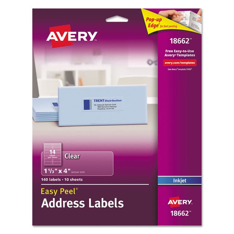 AVERY PRODUCTS CORPORATION Matte Clear Easy Peel Mailing Labels w/ Sure Feed Technology, Inkjet Printers, 1.33 x 4, Clear, 14/Sheet, 10 Sheets/Pack (AVE18662)