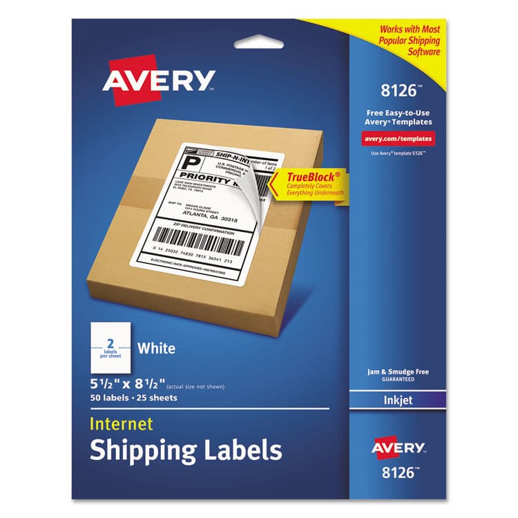 AVERY PRODUCTS CORPORATION Shipping Labels w/ TrueBlock Technology, Inkjet Printers, 5.5 x 8.5, White, 2/Sheet, 25 Sheets/Pack (AVE8126)