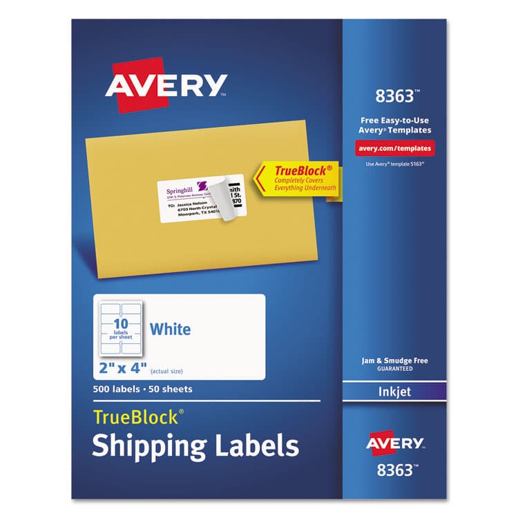 AVERY PRODUCTS CORPORATION Shipping Labels w/ TrueBlock Technology, Inkjet Printers, 2 x 4, White, 10/Sheet, 50 Sheets/Box (AVE8363)