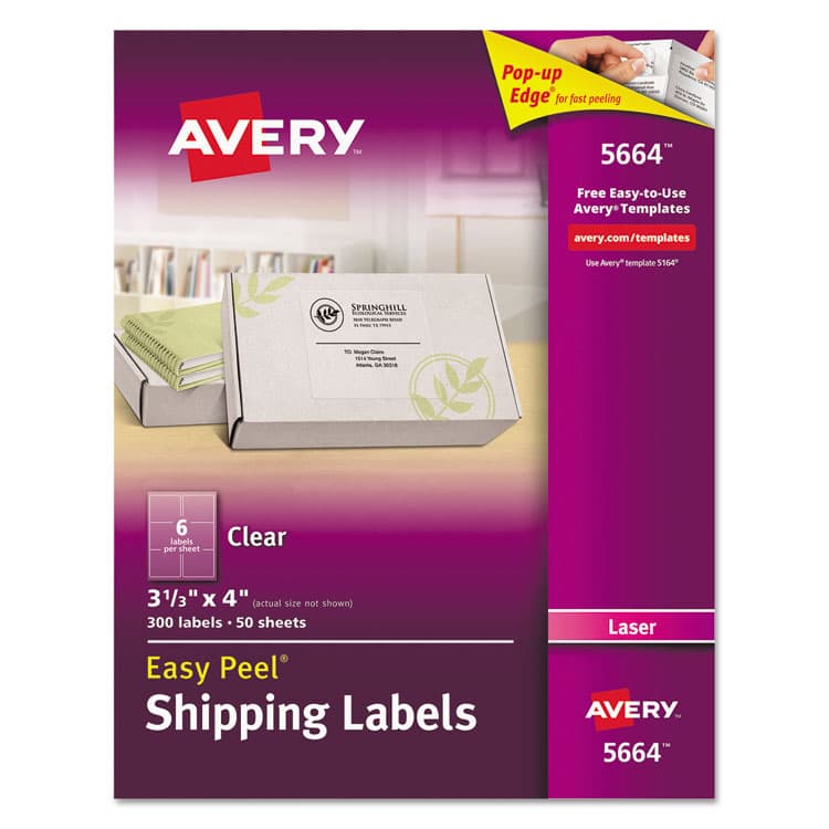 AVERY PRODUCTS CORPORATION Matte Clear Easy Peel Mailing Labels w/ Sure Feed Technology, Laser Printers, 3.33 x 4, Clear, 6/Sheet, 50 Sheets/Box (AVE5664)