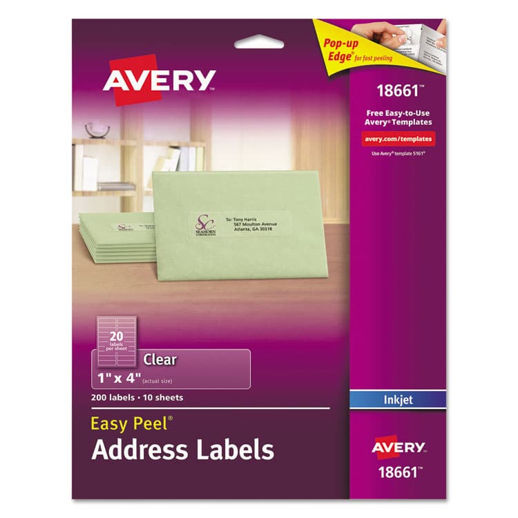 AVERY PRODUCTS CORPORATION Matte Clear Easy Peel Mailing Labels w/ Sure Feed Technology, Inkjet Printers, 1 x 4, Clear, 20/Sheet, 10 Sheets/Pack (AVE18661)