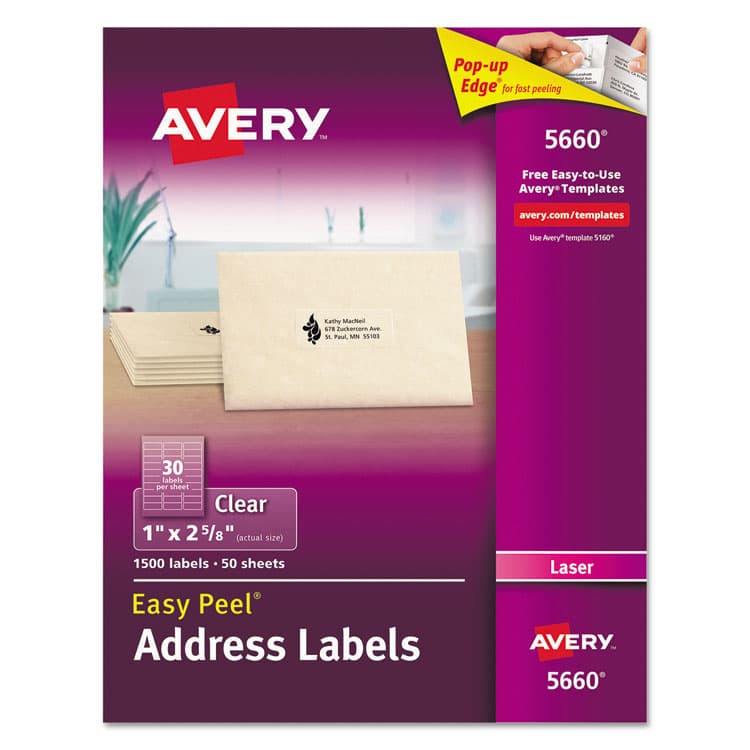 AVERY PRODUCTS CORPORATION Matte Clear Easy Peel Mailing Labels w/ Sure Feed Technology, Laser Printers, 1 x 2.63, Clear, 30/Sheet, 50 Sheets/Box (AVE5660)