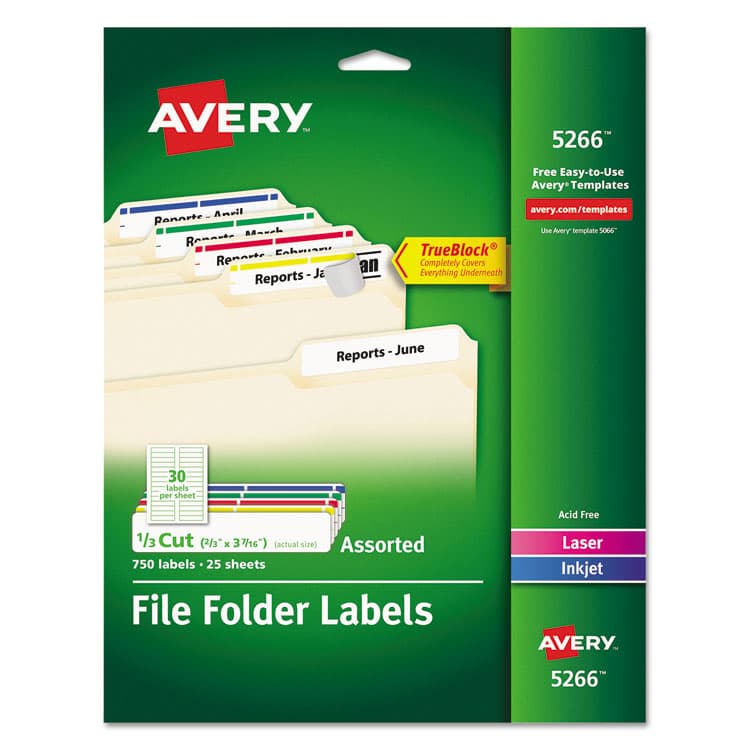 AVERY PRODUCTS CORPORATION Permanent TrueBlock File Folder Label with Sure-Feed Technology, 0.66" x 3.44", White, 30/Sheet, 25 Sheets/Pack (AVE5266)