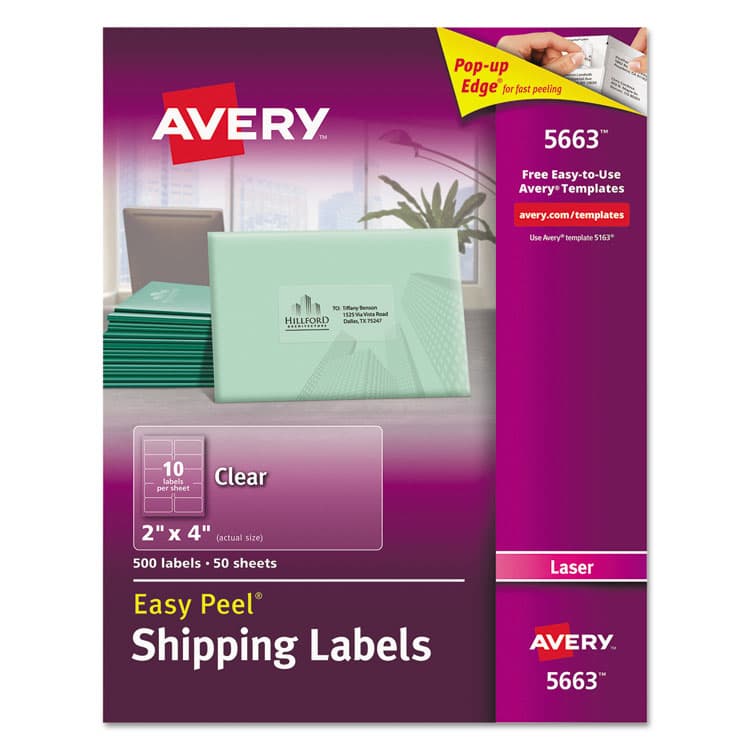 AVERY PRODUCTS CORPORATION Matte Clear Easy Peel Mailing Labels w/ Sure Feed Technology, Laser Printers, 2 x 4, Clear, 10/Sheet, 50 Sheets/Box (AVE5663)