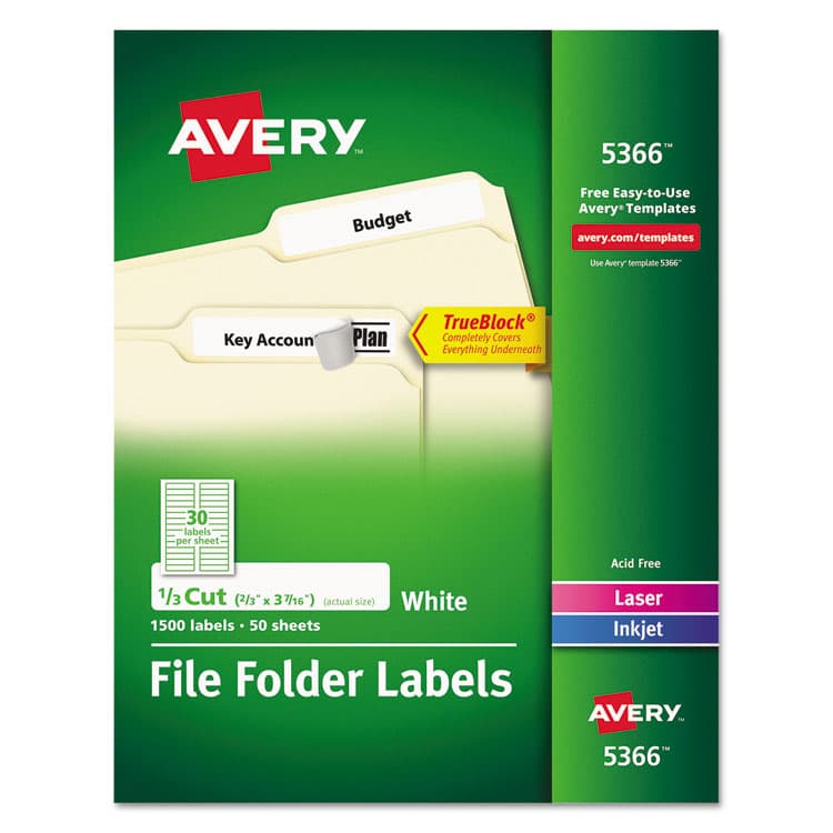 AVERY PRODUCTS CORPORATION Permanent TrueBlock File Folder Labels with Sure-Feed Technology, 0.66 x 3.44, White, 30/Sheet, 50 Sheets/Box (AVE5366)