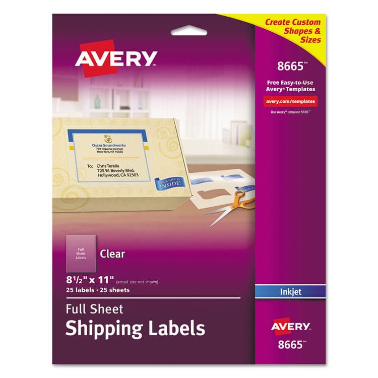AVERY PRODUCTS CORPORATION Matte Clear Shipping Labels, Inkjet Printers, 8.5 x 11, Clear, 25/Pack (AVE8665)