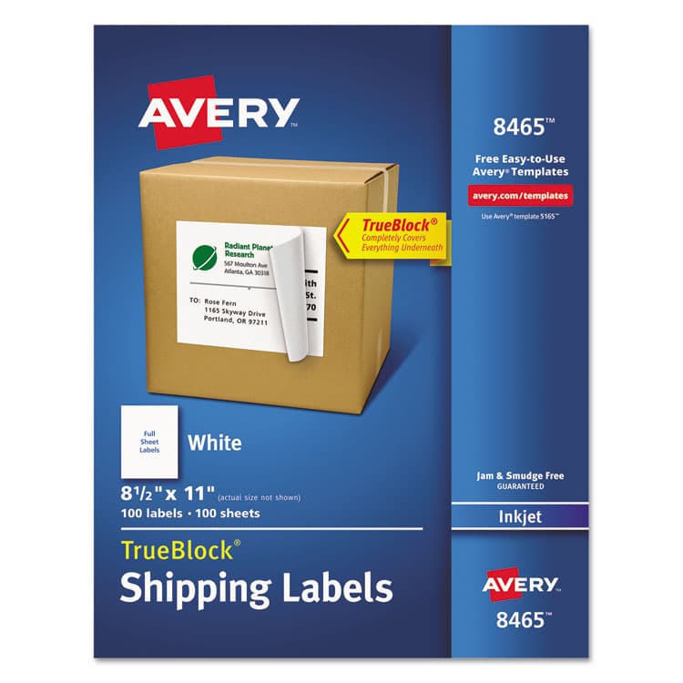 AVERY PRODUCTS CORPORATION Shipping Labels with TrueBlock Technology, Inkjet Printers, 8.5 x 11, White, 100/Box (AVE8465)