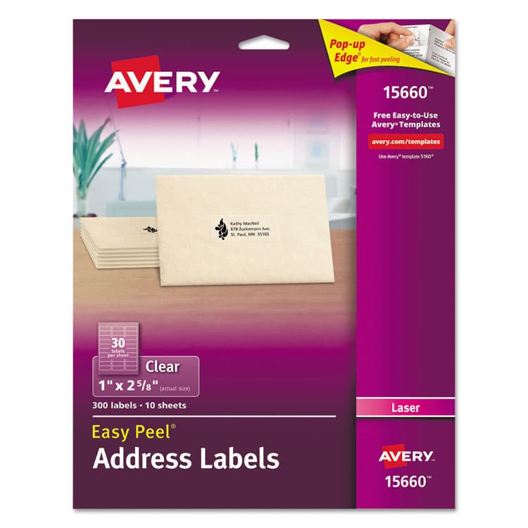 AVERY PRODUCTS CORPORATION Matte Clear Easy Peel Mailing Labels w/ Sure Feed Technology, Laser Printers, 1 x 2.63, Clear, 30/Sheet, 10 Sheets/Pack (AVE15660)