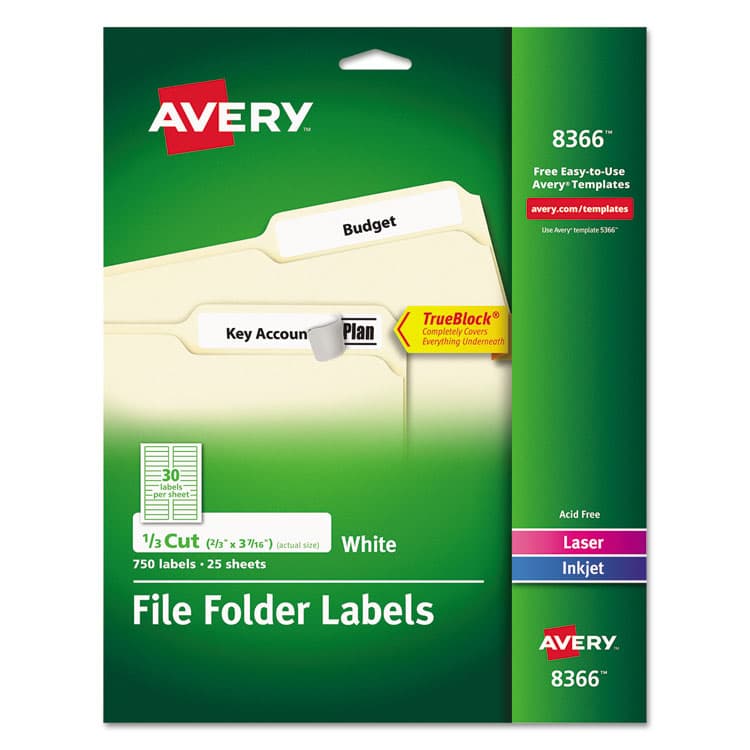 AVERY PRODUCTS CORPORATION Permanent TrueBlock File Folder Labels with Sure Feed Technology, 0.66 x 3.44, White, 30/Sheet, 25 Sheets/Pack (AVE8366)