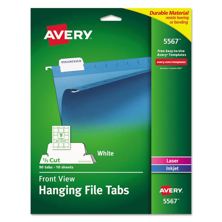 AVERY PRODUCTS CORPORATION Laser Printable Hanging File Tabs, 1/5-Cut, White, 2.06" Wide, 90/Pack (AVE5567)